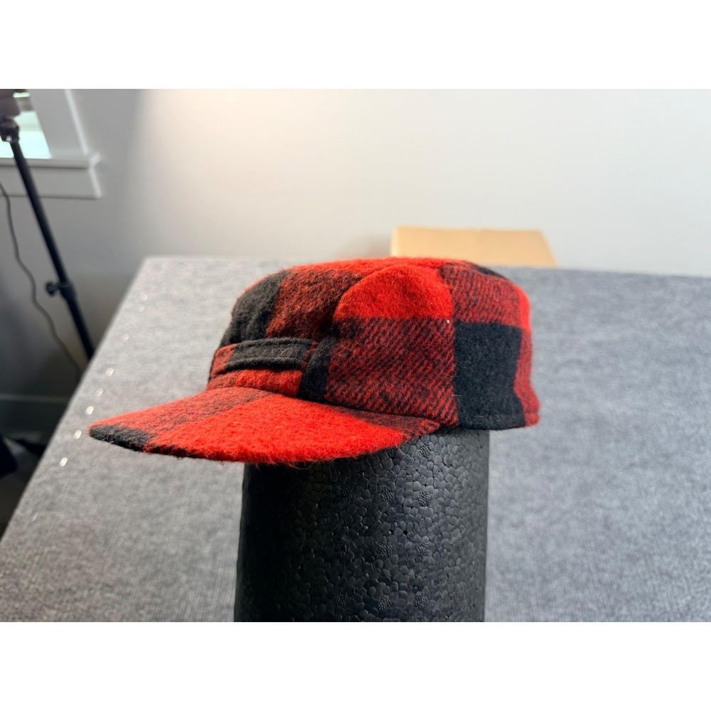 Vintage Buffalo Plaid Hunting Cap Red Black Wool Checkered Workwear Hat Mens OS